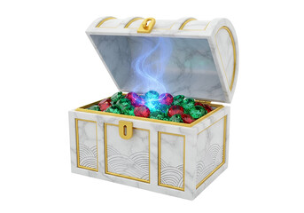 A detailed 3D rendering of a treasure chest overflowing with vibrant emeralds and rubies, illuminated by a mystical blue glow.