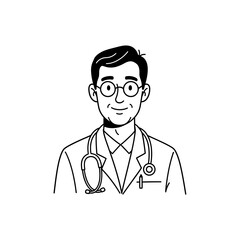 Obraz premium Black and white line art illustration of a male doctor wearing glasses and a stethoscope, smiling confidently.