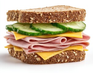 Close-up of a ham and cheese sandwich on whole-grain bread with sliced cucumbers