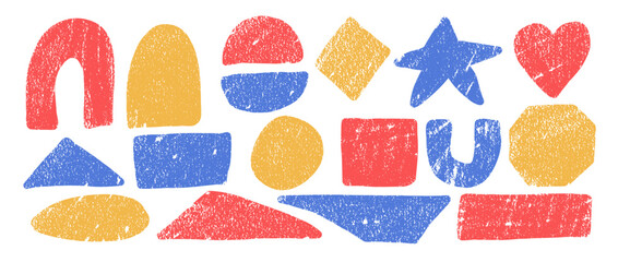 Multi colors crayon textured geometric shape set. Text boxes kids frames. Oval, star and square figures. Vector hand drawn quotation stickers shapes. Scribbles design figures illustration.