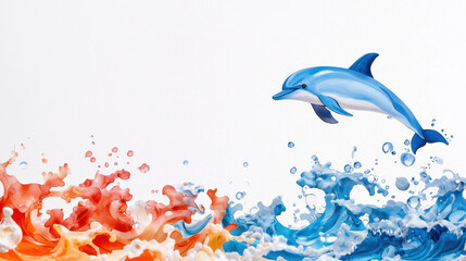 Fototapeta premium Vibrant dolphin leaps gracefully above colorful waves, showcasing dynamic blend of orange and blue splashes. scene captures essence of joy