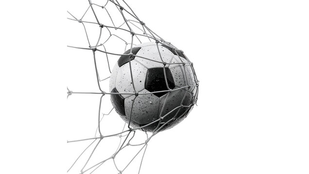 Dynamic soccer ball breaking through net capturing moment of goal score