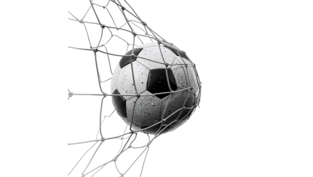 Dynamic soccer ball breaking through net capturing moment of goal score