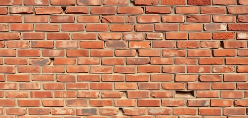 Obraz premium Rough-textured brick wall, varying shades of red and brown, showing age and weathering, grunge, crumbling