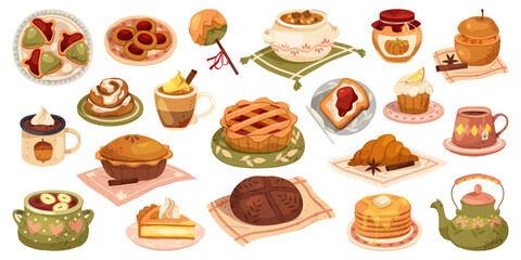 Autumn food and drink icons set. Vector fall meal for seasonal celebration or festive. Natural and organic nutrition. Pumpkin pie and tea kettle, bread and pancake, coffee and soup. Cooking, kitchen.