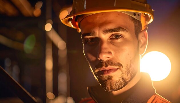 Focused male engineer in hard hat looking at camera with serious expression.