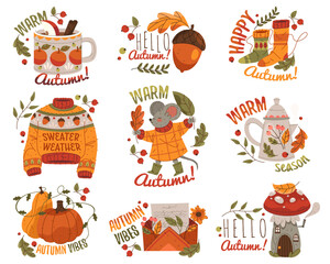 Set of autumn sticker or fall poster. Vector seasonal sign for September holiday or harvest celebration, thanksgiving and Halloween. Forest leaves and pumpkin, mouse, wine, mushroom, letter on placard