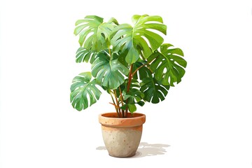 A lush houseplant in a terracotta pot against white