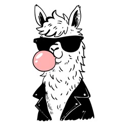 Cute animal with sunglasses blowing bubble gum. Cool hipster llama wearing leather jacket. Illustration for kids design trend. © logonv