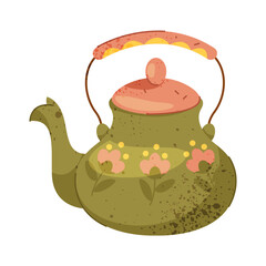 Teapot or tea, coffee kettle. Vector vintage kitchen appliance for brewing warm autumn beverages. Home or house interior element for cooking and boiling, pouring. Breakfast and morning icon. Liquid.