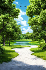 A path in the middle of a lush green park next to a lake