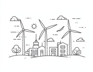 Simple line drawing of wind turbines vector illustration on white background, minimal outlined art style, clean black and white design