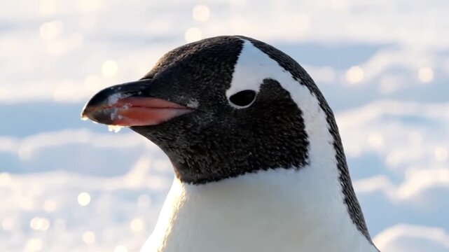 Close-up portrait of a penguin in Antarctica, showing detailed feathers, beak, and eyes against the icy background, symbolizing resilience and the beauty of polar wildlife