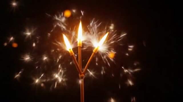Close-up macro of four burning bengal fires sparklers burning in front of black dark background. Sparkling lights at birthday party, wedding, New Year, Christmas Eve, Xmas. 6k downscale, slow motion