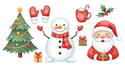 Festive Christmas illustrations of a decorated tree, snowman, Santa Claus, hot chocolate, and winter accessories, presented in a cheerful and whimsical style.