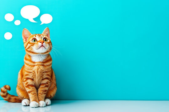 A cat sitting on a table with a thought bubble above its head