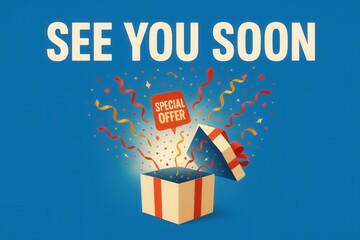Fototapeta premium SEE YOU SOON with SPECIAL OFFER banner, festive style, engaging retail discount promotion.
