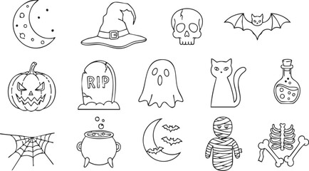 Collection of Halloween-themed icons, like pumpkin, bat, and ghost, illustrated in a simple black and white style, perfect for creating flyers and greeting cards during the season.