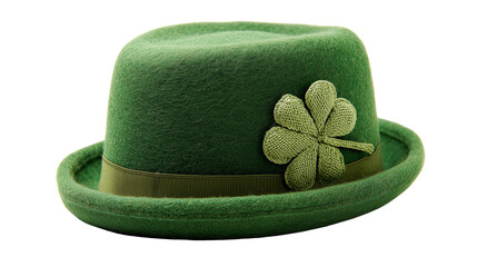 St. Patrick's Day green hat with shamrock emblem, front view on transparent png background. Ai generated