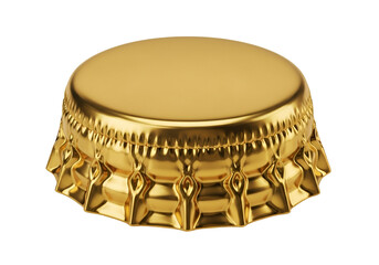 A detailed close-up view of a golden bottle cap against a black background.