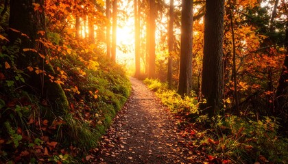 Autumn sunbeams on a forest path