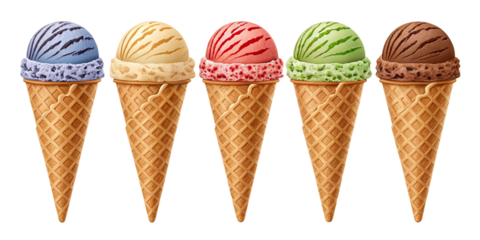 Six Colorful Waffle Cone Ice Creams with Different Flavors on Transparent Background
Assorted Ice Cream Scoops in Waffle Cones – Realistic Summer Dessert Set