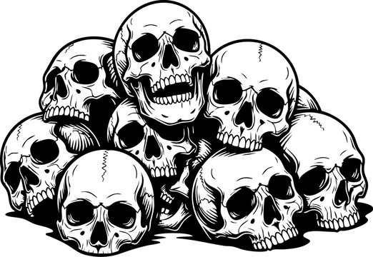 Graphic skull pile illustration in a black and white vector style, creating a macabre yet artistic atmosphere, suitable for edgy designs or themed projects.