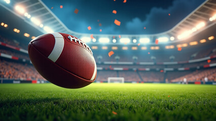 American football rests on grass beneath stadium lights and confetti.  
