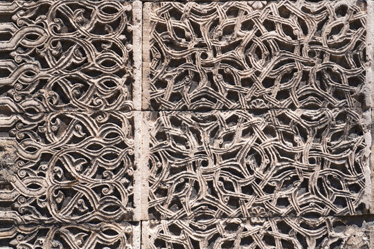 Old Turkish historical, Seljuks period design stone hand carving art. Year: 1271 (Sivas Şifaiye Medresesi) From the wall of the Şifaiye madrasah in Sivas - T&uuml;rkiye