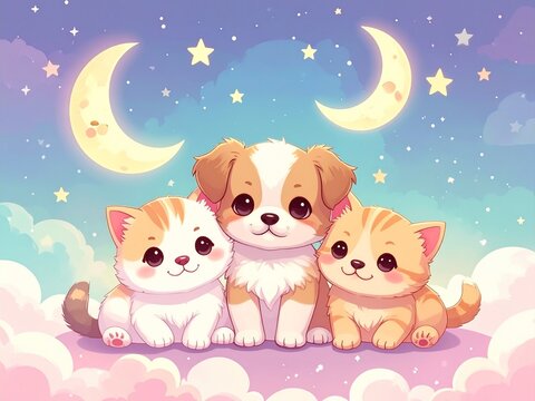 Cute puppy and kittens sitting on fluffy clouds under starry sky with crescent moons, dreamy pastel illustration perfect for children’s wallpaper or greeting cards.