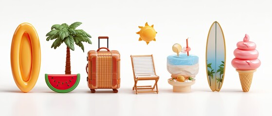 Colorful summer vacation icons arranged in a horizontal row.  A bright yellow inflatable raft, a watermelon, a vintage suitcase.