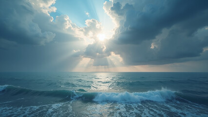 Sunbeams pierce clouds over tranquil ocean, waves shimmer toward shore.  
