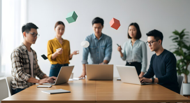 Professional team collaboration in modern office environment with diverse professionals using laptops during a productive business meeting and strategic discussion