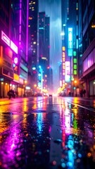 Obraz premium Colorful neon lights illuminate a rainy night in a futuristic city, creating a vibrant reflection on the wet pavement