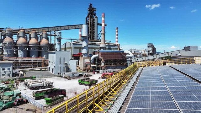 aerial view solar power station on rooftop of factory