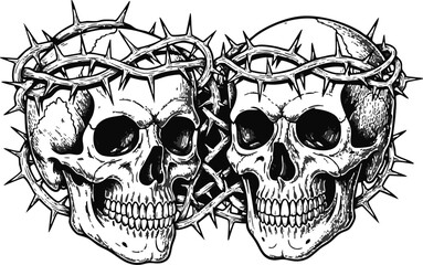 Obraz premium Two skulls with thorny crowns intricately intertwine in this monochrome vector illustration, creating a stark and dramatic mood ideal for artistic or edgy designs.