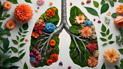 Floral lungs made of colorful flowers and leaves on a neutral background, symbolizing health, nature, and breathing in an artistic medical-botanical concept.