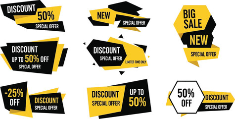 Collection of modern discount and sale tags with bold typography and vibrant yellow accents