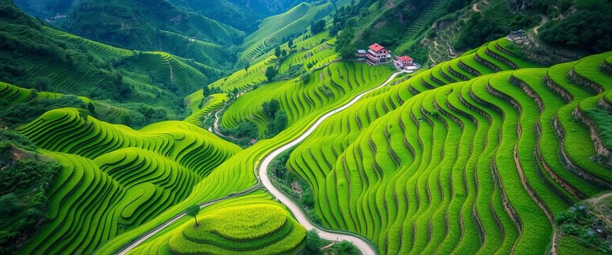 Overhead view of winding path through vibrant green rice terraces, Longsheng, China,  nature,  curves