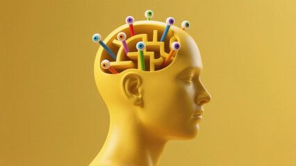 Yellow Side Profile Head with Colorful Pencil Maze Brain - Abstract Creative Visual Exploring Cognitive Exploration