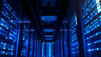 An abstract view of a server room with a atmospheric glow from numerous blue LED lights creating a gradient effect.
