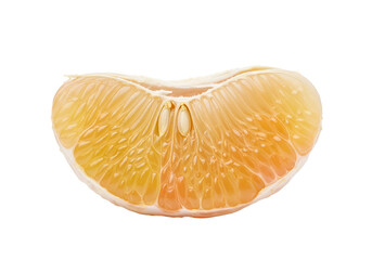 Close-up view of a vibrant pomelo slice, showcasing its intricate textures and captivating hues of pale yellow and peach.