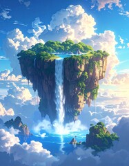 floating island with waterfall and cliff, blue sky with white clouds, fantasy island in the sky.
