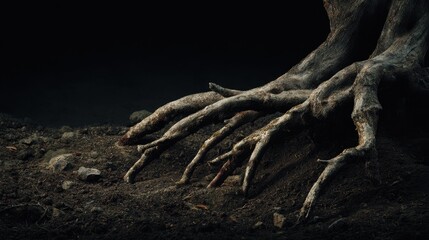 Gnarled Ancient Tree Roots Gripping Dark Earth on Black Background