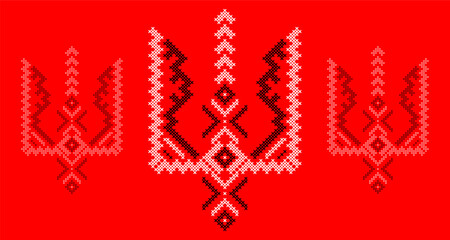 Ukrainian Tryzub Trident with Traditional Cross-Stitch Embroidery Pattern in Red and Black Colors – National Emblem Vector Symbol, Patriotic Folk Design for Posters, Prints, Clothing
