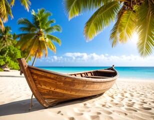 Tropical beach scene with wooden boat (1)