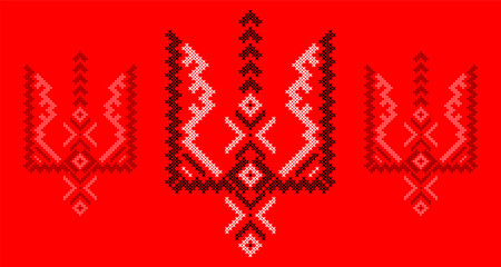 Ukrainian Tryzub Trident with Traditional Cross-Stitch Embroidery Pattern in Red and Black Colors &ndash; National Emblem Vector Symbol, Patriotic Folk Design for Posters, Prints, Clothing