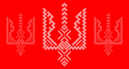 Ukrainian Tryzub Trident with Traditional Cross-Stitch Embroidery Pattern in Red and Black Colors &ndash; National Emblem Vector Symbol, Patriotic Folk Design for Posters, Prints, Clothing