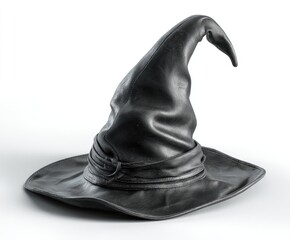 A black, leather witch's hat with a tall, pointed crown and wide brim, slightly wrinkled, sits on a white background