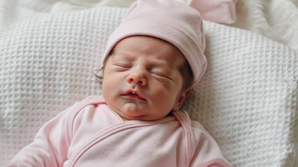 Close up of newborn baby wearing pink clothes and sleeping at home - Childhood, family and love concept - Model by AI generative - Powered by Adobe